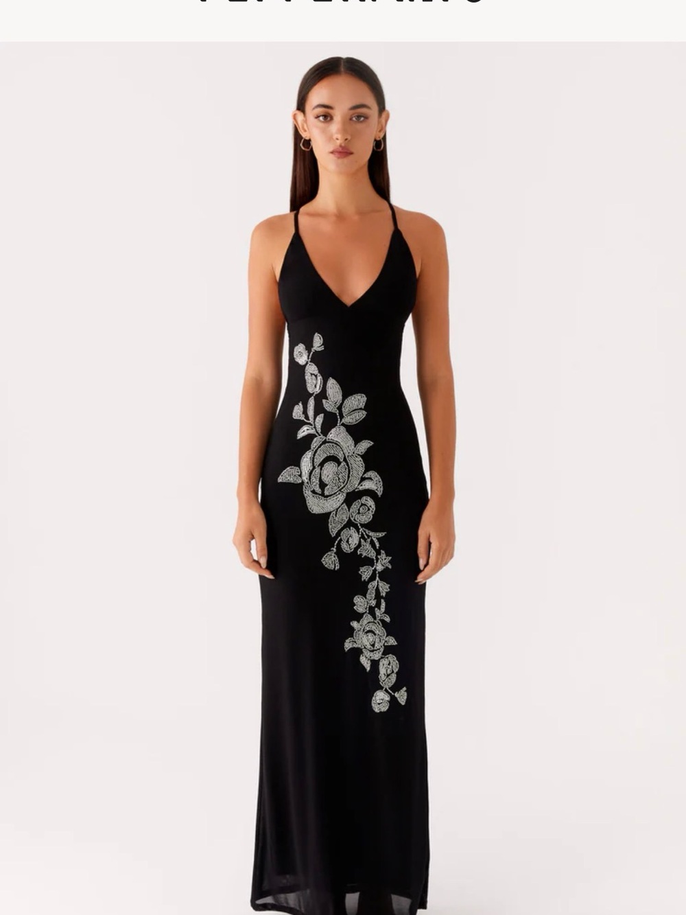 Peppermayo Black Maxi Slip Dress with Silver Floral Embroidery